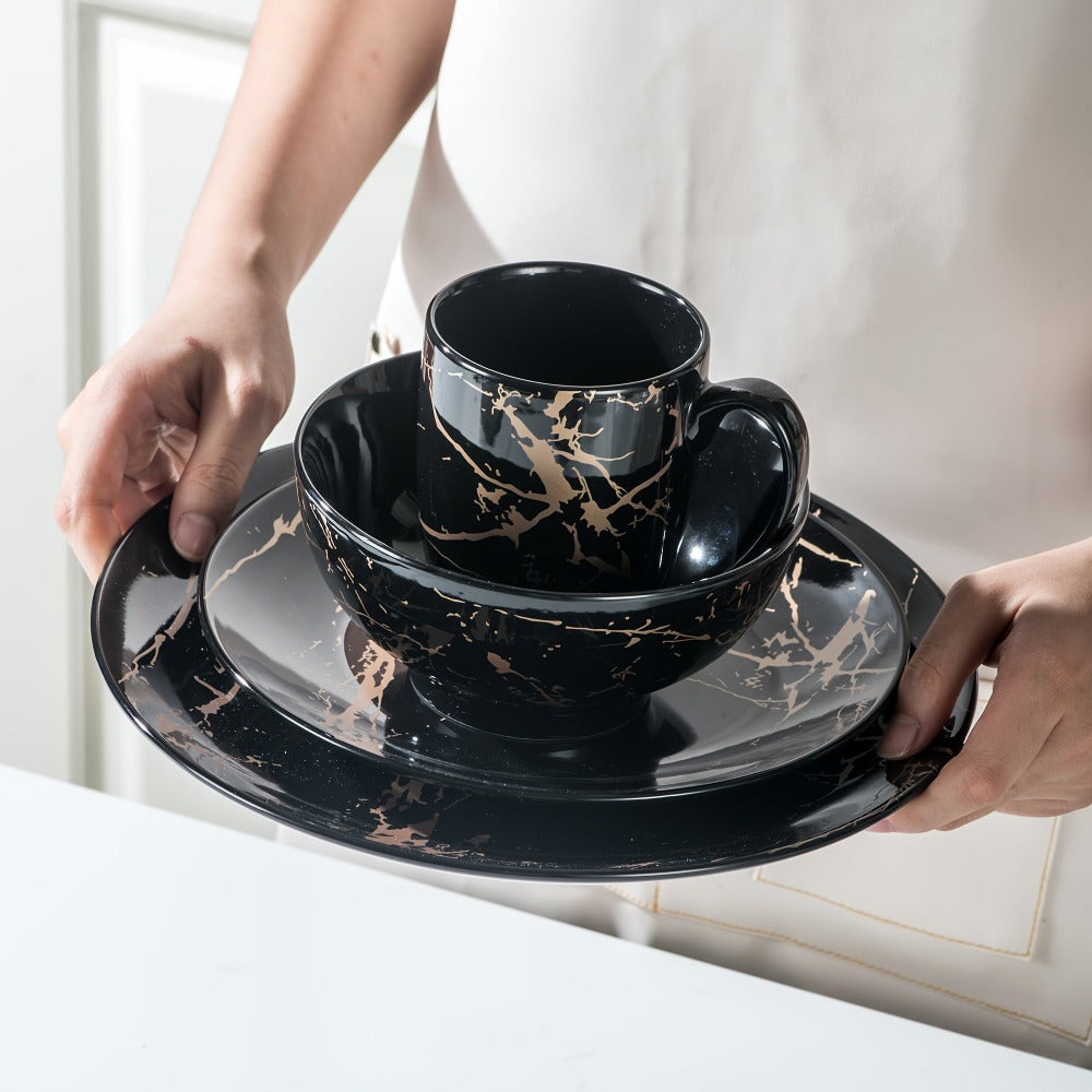 Juego de platos y tazones negros para 4, juego de vajilla de porcelana de 16 piezas con esmalte de salpicaduras doradas, juego de platos redondos con tazas, apto para lavavajillas y microondas detail image