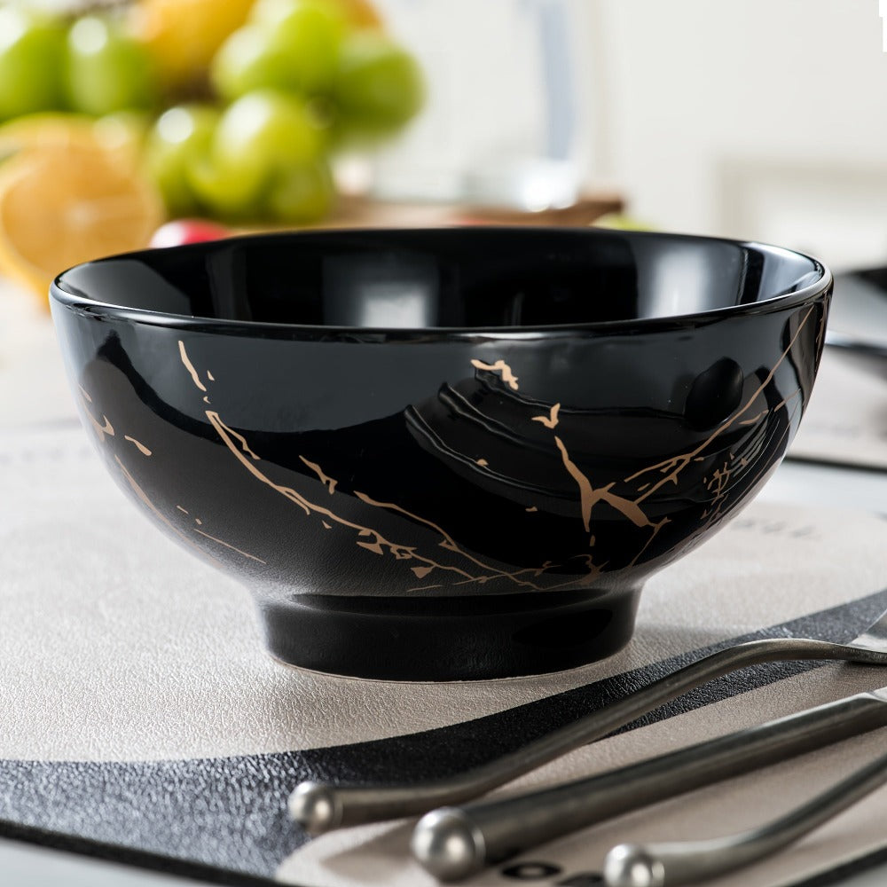 Juego de platos y tazones negros para 4, juego de vajilla de porcelana de 16 piezas con esmalte de salpicaduras doradas, juego de platos redondos con tazas, apto para lavavajillas y microondas detail image - detail view 5