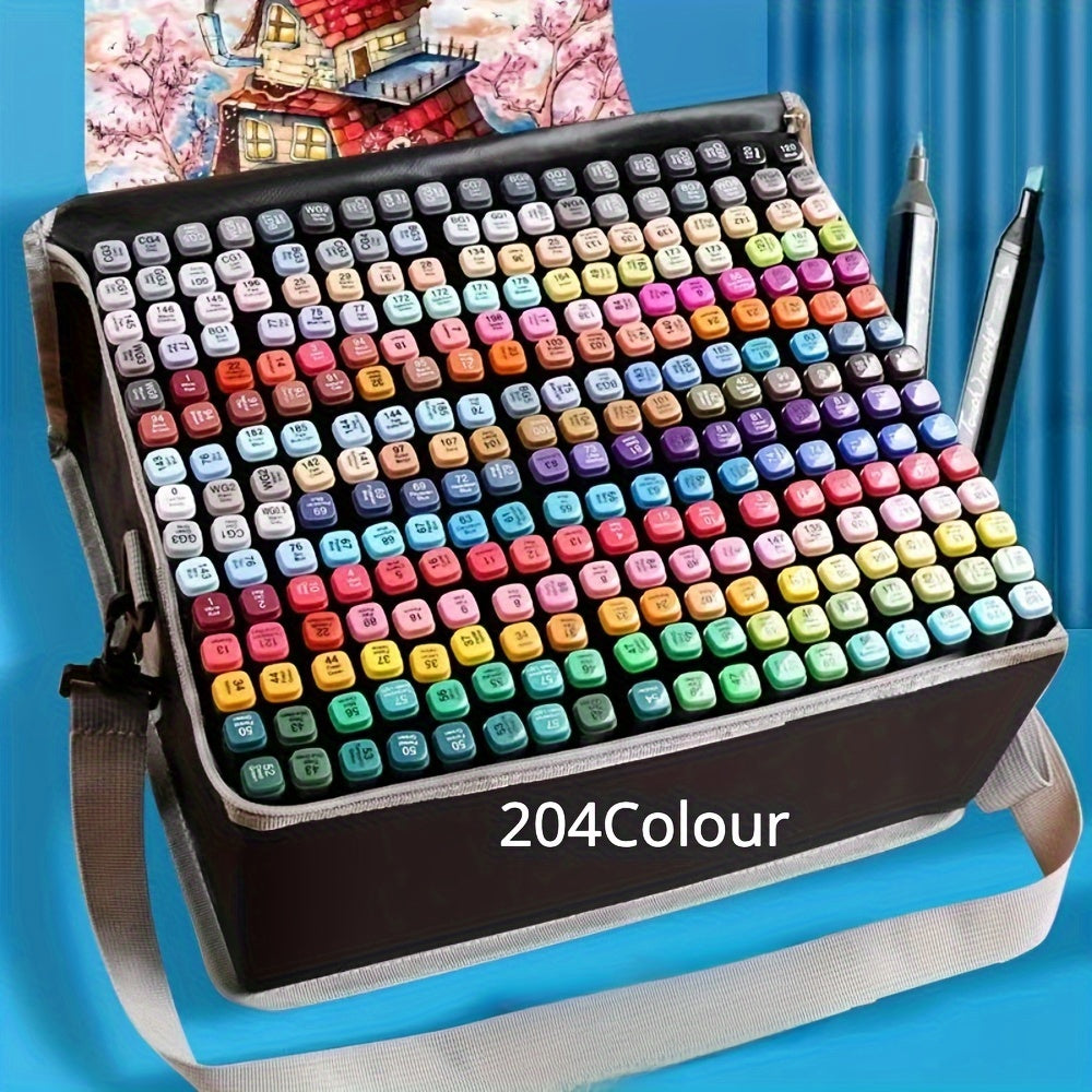 Juego de rotuladores de doble punta de gran capacidad de 204 colores con marcadores de doble cabeza y cuaderno de dibujo, apto para dibujar, colorear, caligrafía, álbumes de recortes, oficina - Bolsa de almacenamiento portátil, regalo para 