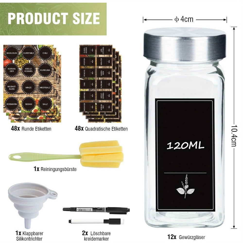 Juego de tarros para especias cuadrados Soontrans [12/24 piezas] con tapa, tarros para especias de 120 ml, agitadores de especias con pegatinas vacías, cepillo de limpieza, colador detail image - detail view 3