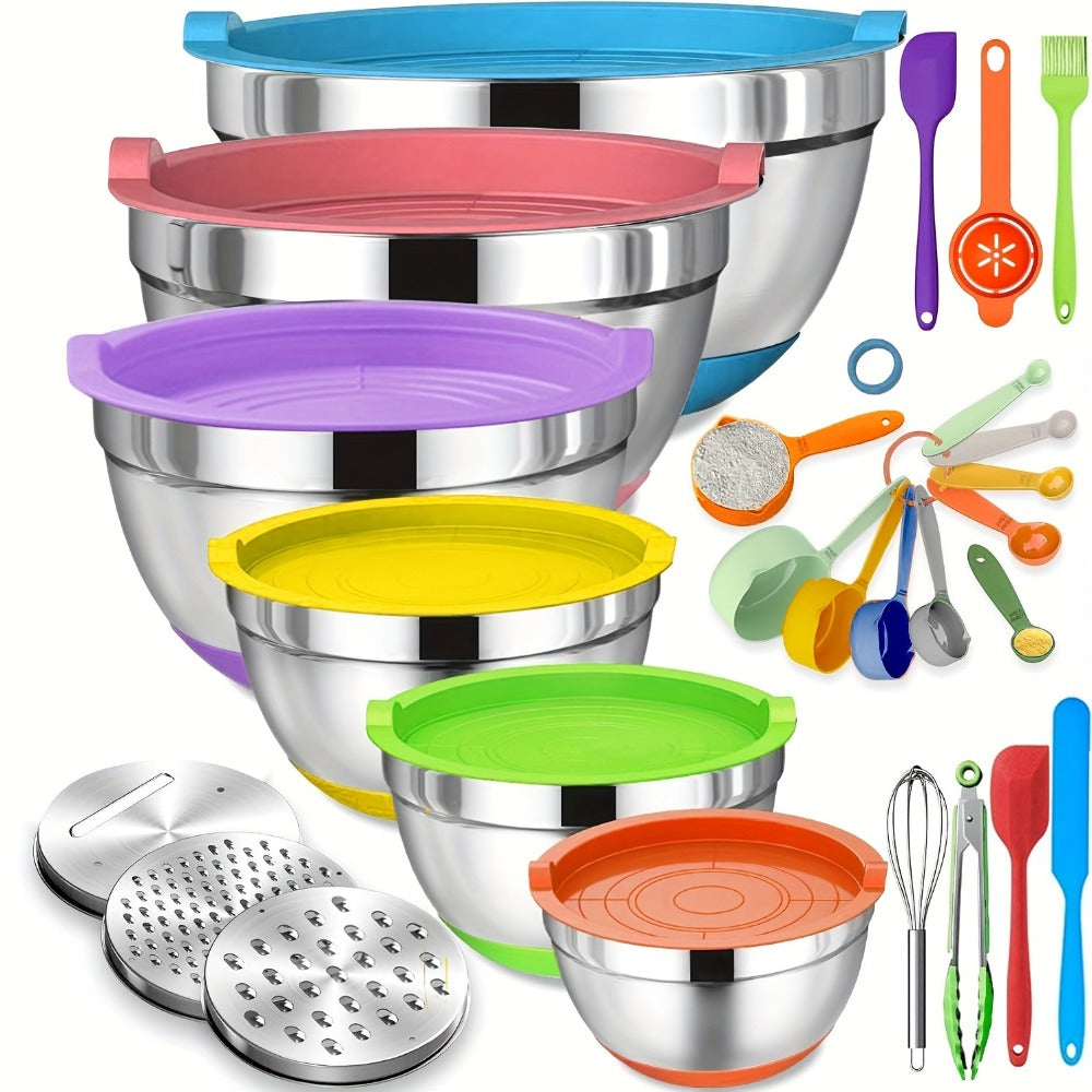 Juego de Tazones para Mezclar de Acero Inoxidable con Cubierta Sellada, Accesorio Rallador, Fondo Antideslizante - 26 piezas Tamaños 5QT, 4.5QT, 3QT, 2.5QT, 2QT, 1.5QT - Ideal para Mezclar y Servir detail image - detail view 3