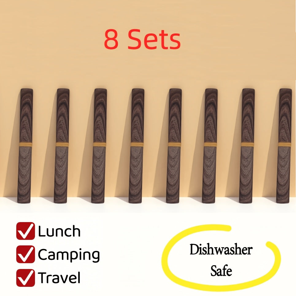 Juego de utensilios de viaje marrones de 2/4/8 juegos | Cubiertos para camping al aire libre | Utensilios reutilizables para el almuerzo en la oficina | Tenedor de mesa portátil y cubiertos con mangos de plástico con grano de madera | Regal