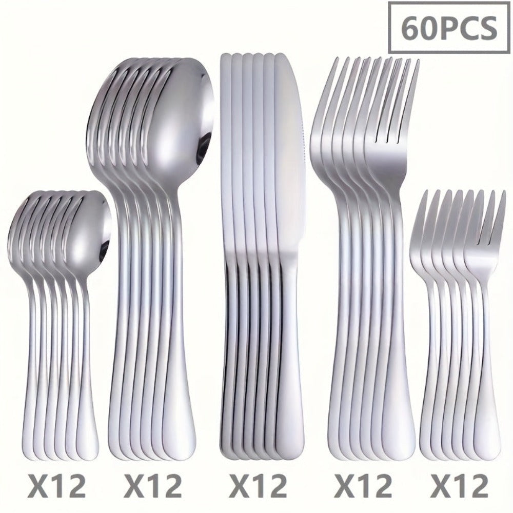 Juego de vajilla de acero inoxidable de 60 piezas para 12 personas con cuchillos, tenedores y cucharas. Ideal para restaurantes, fiestas, bodas, artesanía clásica de tiras. Mangos ergonómicos y diseño de alta calidad. Agarre cómodo. Lavable