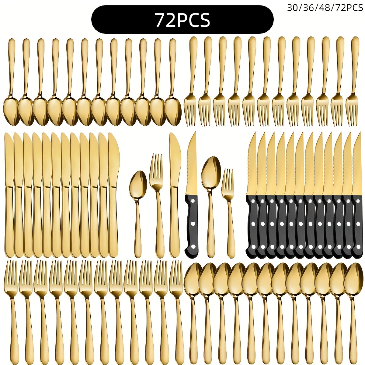 Juego de vajilla de acero inoxidable dorado de 72/48/36/30 piezas. Vajilla de calidad alimentaria, color dorado brillante, para 12 personas, que incluye 12 cuchillos para bistec, 12 cuchillos de mesa, 12 cucharas, 12 tenedores, 12 tenedores