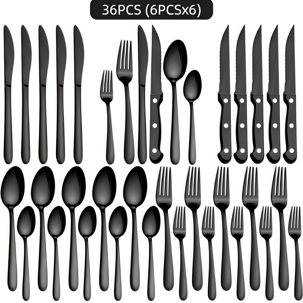 Juego de vajilla de acero inoxidable negro de 36 piezas, vajilla de acero inoxidable de alta calidad, negro brillante, adecuado para 6 personas, juego de cubiertos de cuchillo, tenedor, cuchara, ideal para bodas, fiestas, cumpleaños, restau