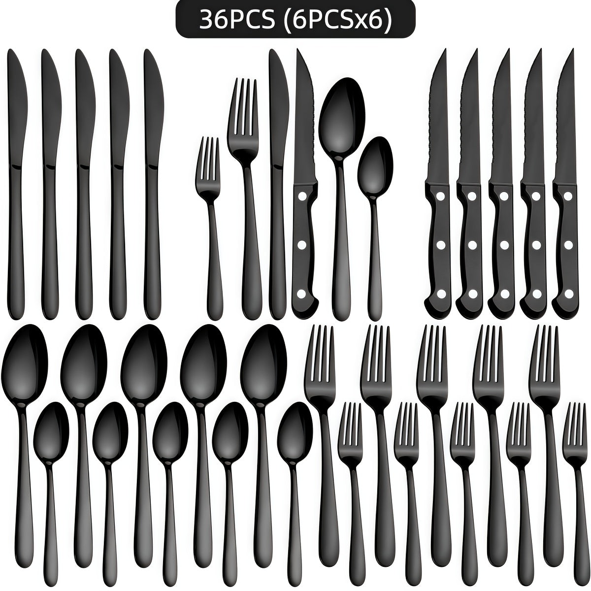 Juego de vajilla de acero inoxidable negro de 36 piezas, vajilla de acero inoxidable de alta calidad, negro brillante, adecuado para 6 personas, juego de cubiertos de cuchillo, tenedor, cuchara, ideal para bodas, fiestas, cumpleaños, restau