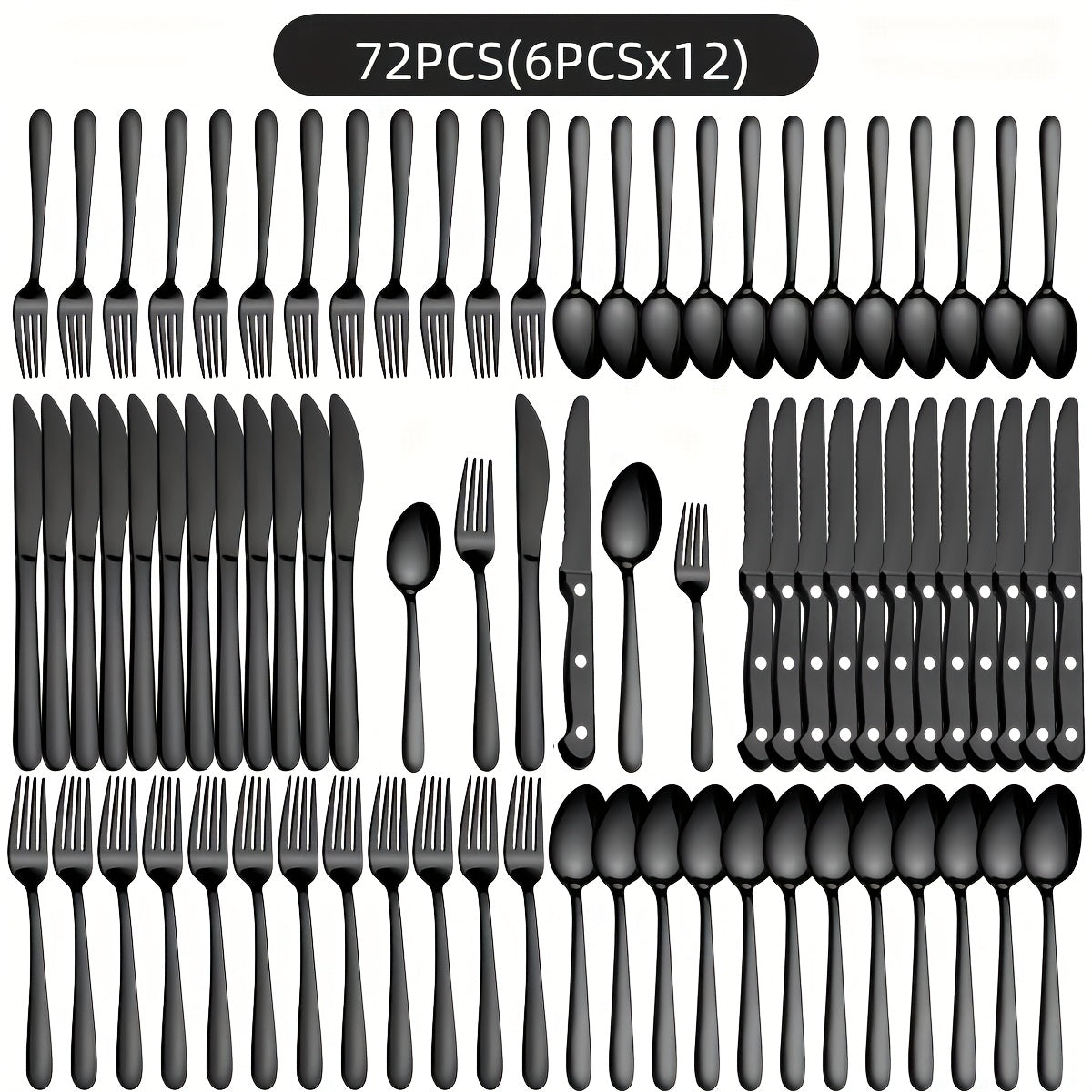 Juego de vajilla de acero inoxidable negro de 72 piezas, vajilla de acero inoxidable genuino, 60 piezas negro brillante, adecuado para 12 personas, juego de cubiertos de cuchillo, tenedor, cuchara, adecuado para bodas, fiestas, cumpleaños -