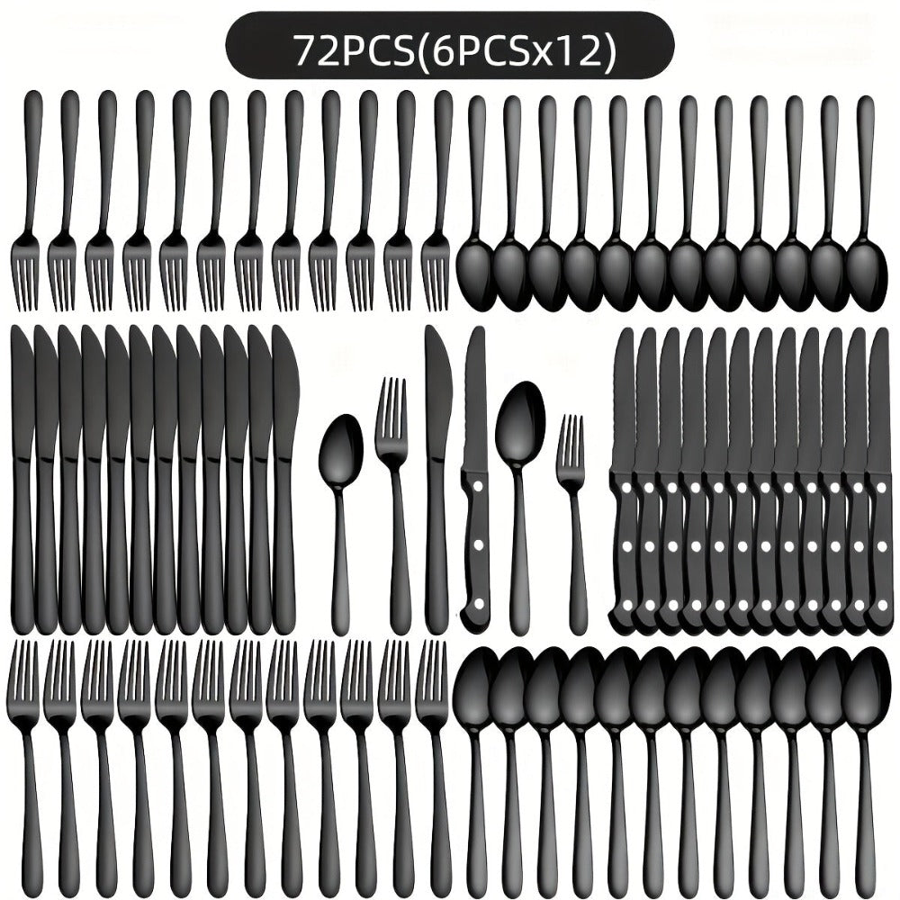 Juego de vajilla de acero inoxidable negro de 72 piezas, vajilla de acero inoxidable genuino, 60 piezas negro brillante, adecuado para 12 personas, juego de cubiertos de cuchillo, tenedor, cuchara, adecuado para bodas, fiestas, cumpleaños -