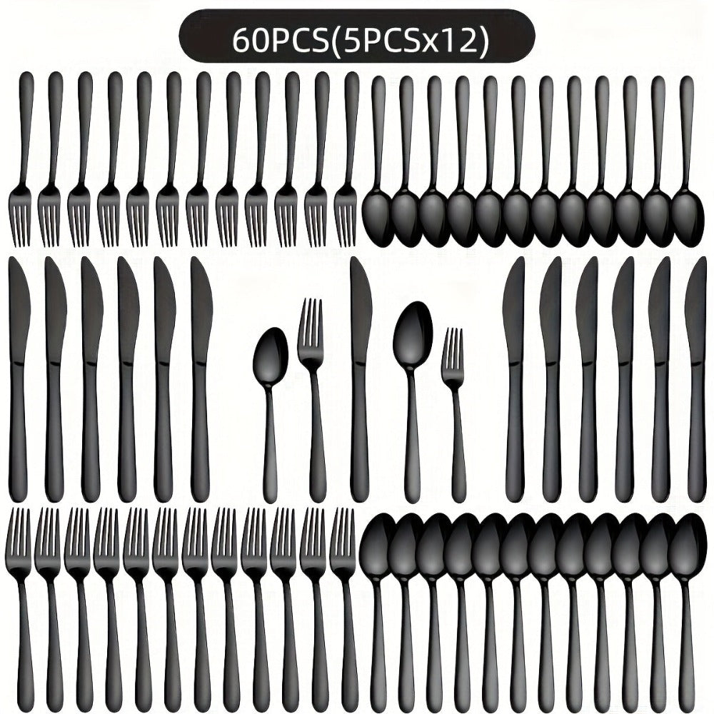 Juego de vajilla de acero inoxidable negro de 72 piezas, vajilla de acero inoxidable genuino, 60 piezas negro brillante, adecuado para 12 personas, juego de cubiertos de cuchillo, tenedor, cuchara, adecuado para bodas, fiestas, cumpleaños -