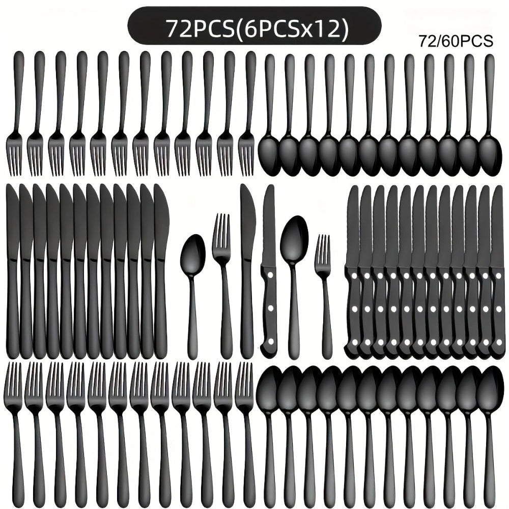 Juego de vajilla de acero inoxidable negro de 72 piezas, vajilla de acero inoxidable genuino, 60 piezas negro brillante, adecuado para 12 personas, juego de cubiertos de cuchillo, tenedor, cuchara, adecuado para bodas, fiestas, cumpleaños