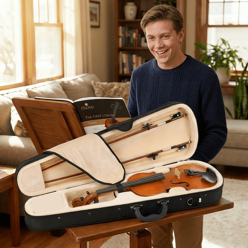 Juego de violín tamaño completo 4/4 - Kit de instrumento de madera hecho a mano con arco, apoyamandíbula y accesorios - Paquete de inicio para estudiantes principiantes, madera natural detail image - detail view 5