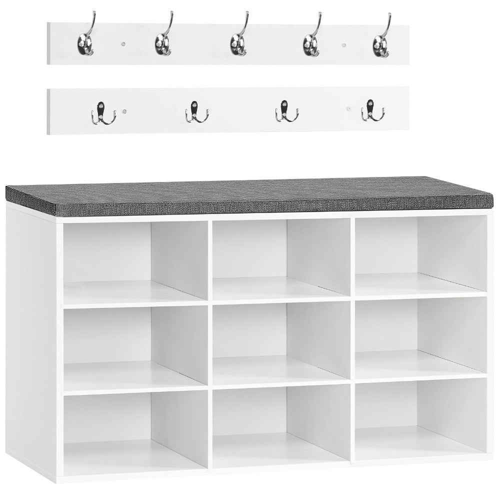 Juego de Zapatero para Armario, Banco para Zapatos con 9 Estantes, Zapatero con Banco Acolchado, Perchero de Pared con 9 Ganchos, Zapatero para Pasillo, Entrada, Dormitorio, Blanco product image