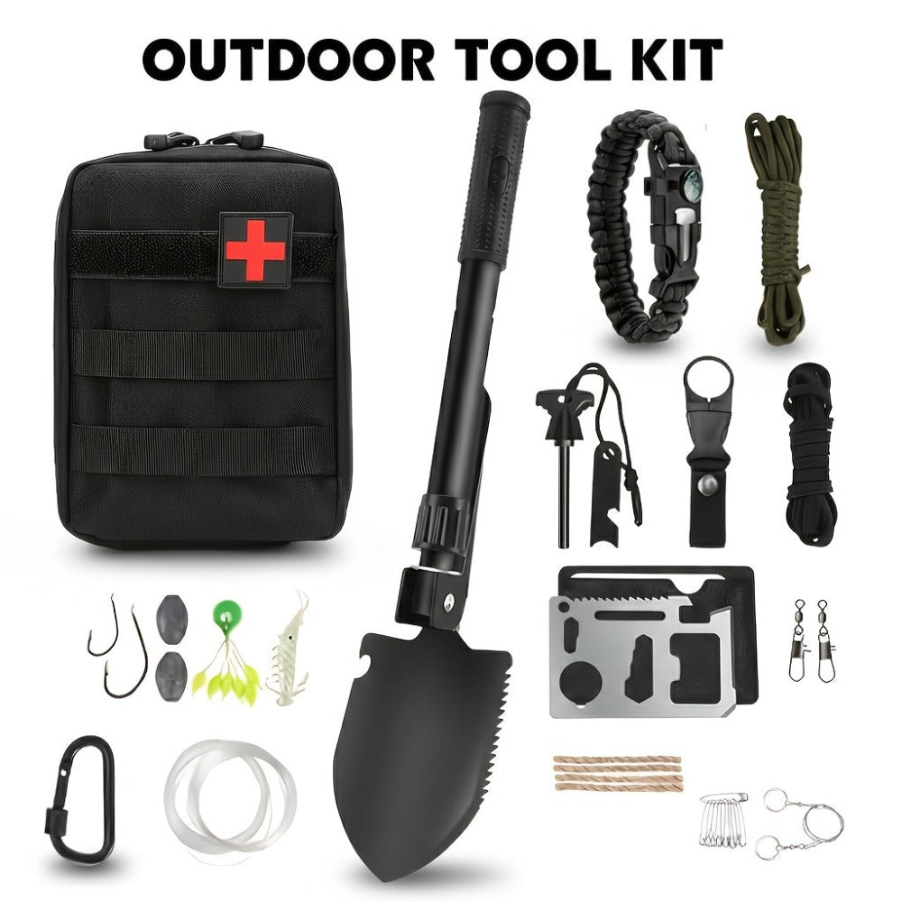 Kit de herramientas todo en uno y para exteriores, equipo de exterior resistente / hacha, pala, correa tipo pulsera de paracaídas y suministros para camping, senderismo, caza product image