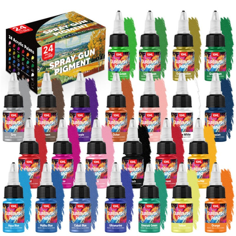 Kit de pintura para aerógrafo de 24 colores con botellas de 10 ml | Colores acrílicos vivos y resistentes a la luz para aficionados y profesionales | Pre-diluidos, listos para usar para pintura de modelos, camisetas, lienzo, decoración de u