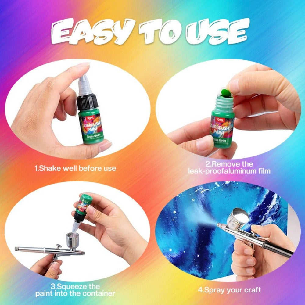 Kit de pintura para aerógrafo de 24 colores con botellas de 10 ml | Colores acrílicos vivos y resistentes a la luz para aficionados y profesionales | Pre-diluidos, listos para usar para pintura de modelos, camisetas, lienzo, decoración de u