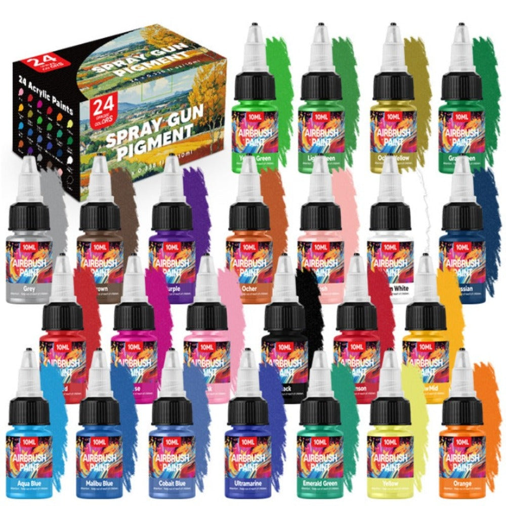Kit de pintura para aerógrafo de 24 colores con botellas de 10 ml | Colores acrílicos vivos y resistentes a la luz para aficionados y profesionales | Pre-diluidos, listos para usar para pintura de modelos, camisetas, lienzo, decoración de u