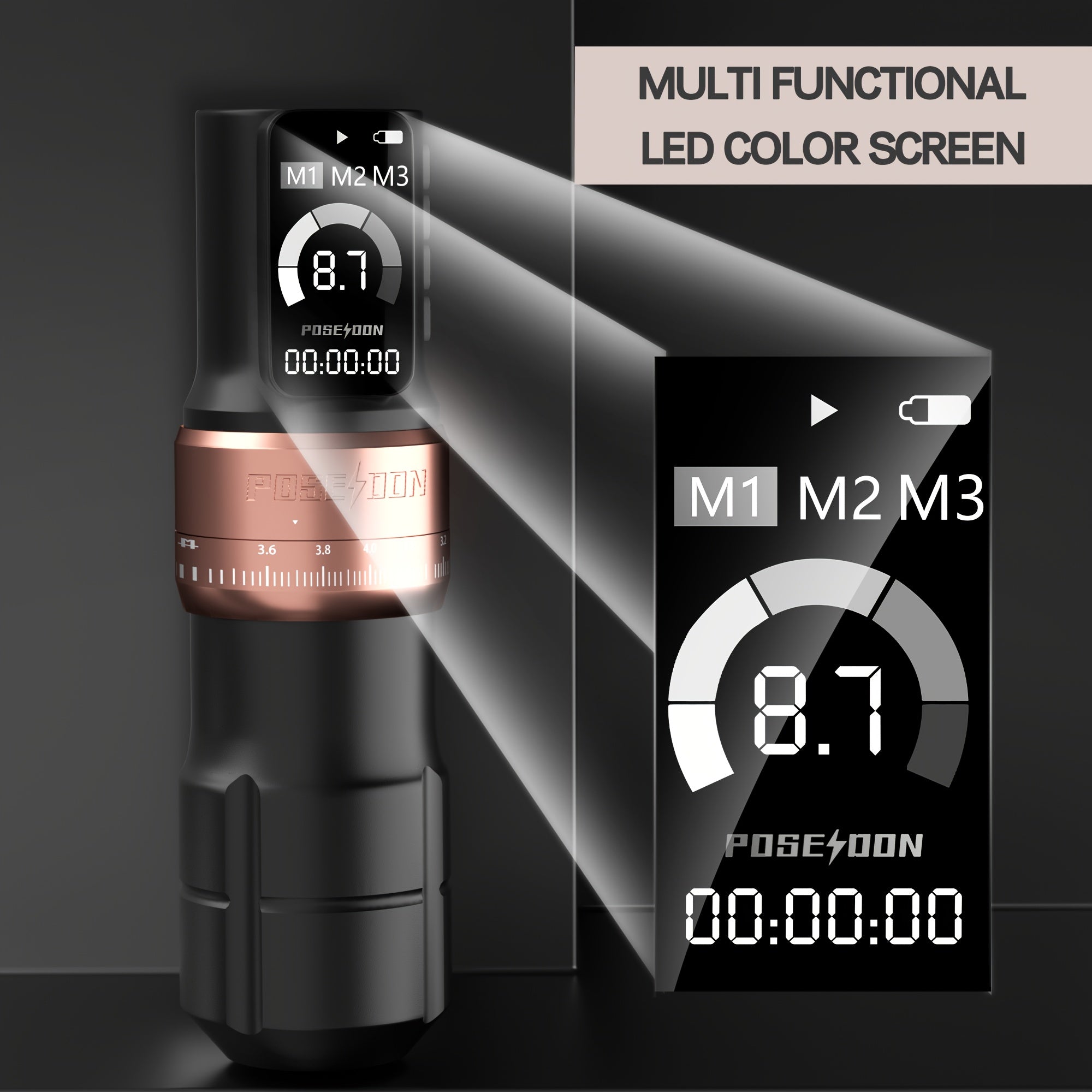 Kit de pluma máquina de tatuaje rotativa inalámbrica POSEIDON, motor sin núcleo de trazo ajustable de 2.4-4.2 mm, dos baterías con pantalla digital de 2300 mAh, viene con 10 agujas de tatuaje y otras adiciones detail image - detail view 5