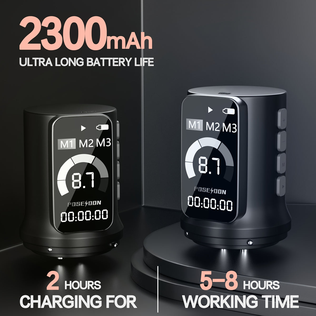 Kit de pluma máquina de tatuaje rotativa inalámbrica POSEIDON, motor sin núcleo de trazo ajustable de 2.4-4.2 mm, dos baterías con pantalla digital de 2300 mAh, viene con 10 agujas de tatuaje y otras adiciones detail image - detail view 6