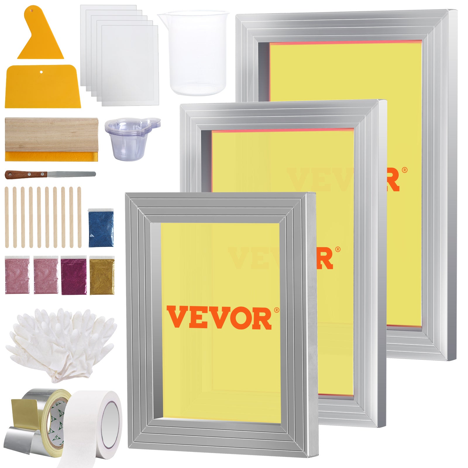 Kit de Serigrafía VEVOR, 3 Piezas de Marcos de Serigrafía de Aluminio 6x10/8x12/10x14 Pulgadas, 110 Mallas, 5 Purpurinas, Raspadores de Serigrafía y Películas Transparentes para Estampado DIY en Camisetas variant image