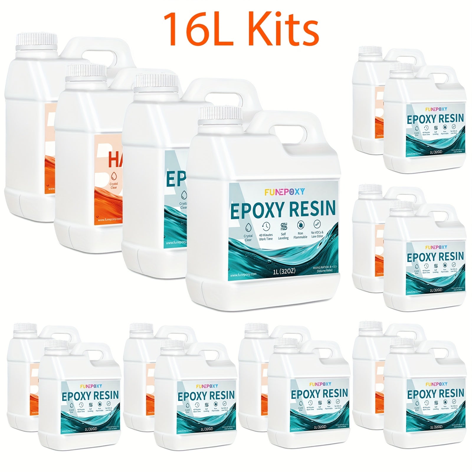Kit FUNEPOXY 2L/4L/6L/8L/10/12L/14/16 Kits de Resina Epoxi - Kit de Resina y Endurecedor Cristalino, Recubrimiento de Fundición sin Burbujas para Mesas de Río, Fundición Artística, Proyectos de Joyería, Manualidades para Vasos, Moldes, Pint