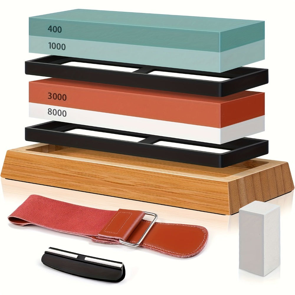 Kit Profesional de Piedra de Afilar para Cuchillos, Piedra de Agua de 4 Lados con Granos 400/1000/3000/8000 y Base de Bambú Antideslizante, Piedra de Aplanar y Tira de Cuero, Restaura Eficazmente el Filo de la Hoja, Juego de Piedras de Afil