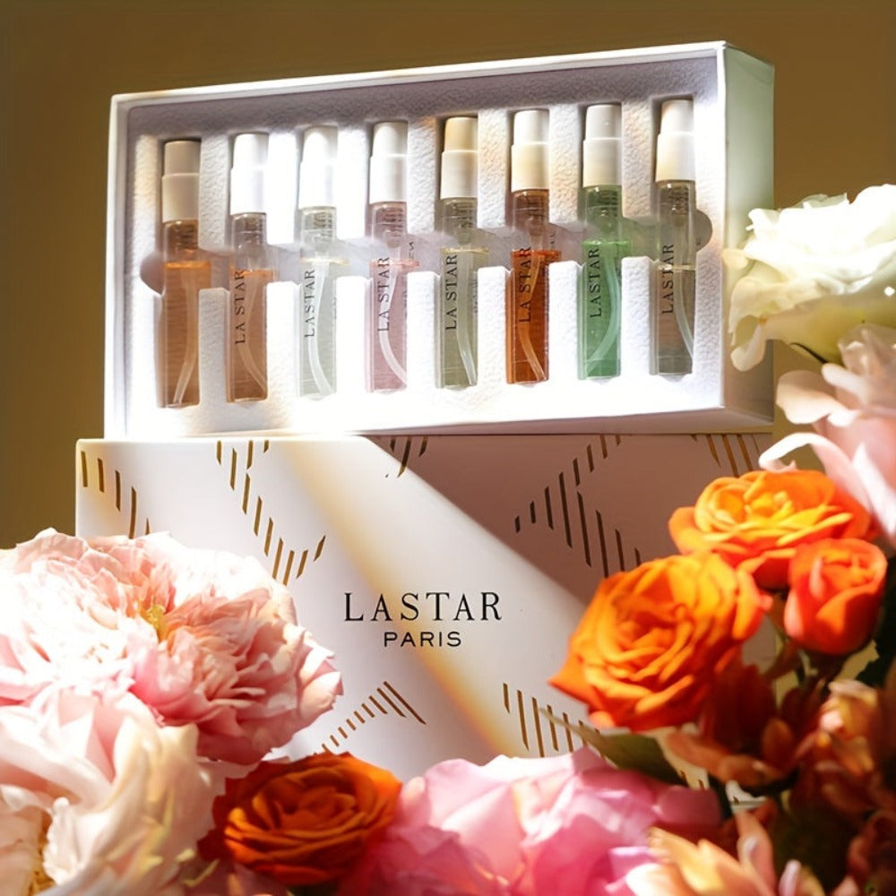 LASTAR Caja de Regalo de Perfume, 8 Bolsillos de Perfume, Fragancia Fresca para Mujer Perfume Duradero, Flores de Frutas Amaderadas con Combinación de Aromas Diferentes, Artículo Esencial para el Hogar, Citas y Viajes, Buen Regalo de Vacaci