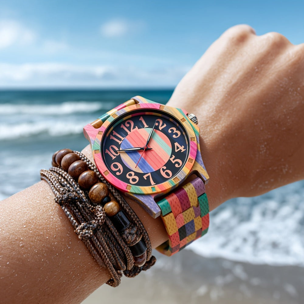 LeeEv Relojes de Madera Transparentes Huecos de Colores Mixtos para Hombres, Reloj de Madera Grabado a Mano, Reloj Analógico de Cuarzo, Reloj de Pulsera de Bambú para Hombres, Regalo para Hombres detail image - detail view 5