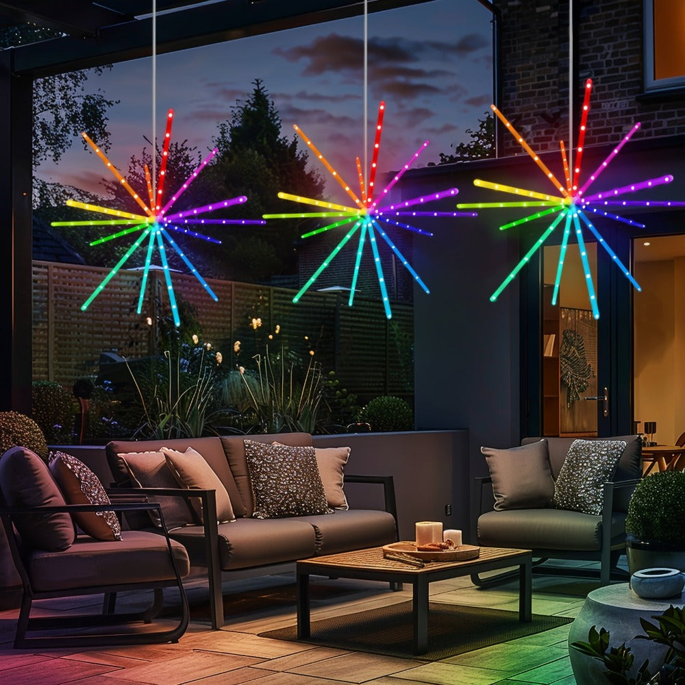Luces colgantes de estrella explosiva, luces de fuegos artificiales, luces de hadas, luces de estrella explosiva, 114 LED, luces de meteorito, alimentadas por batería con control remoto, 84 modos de iluminación, operación adecuada para habi