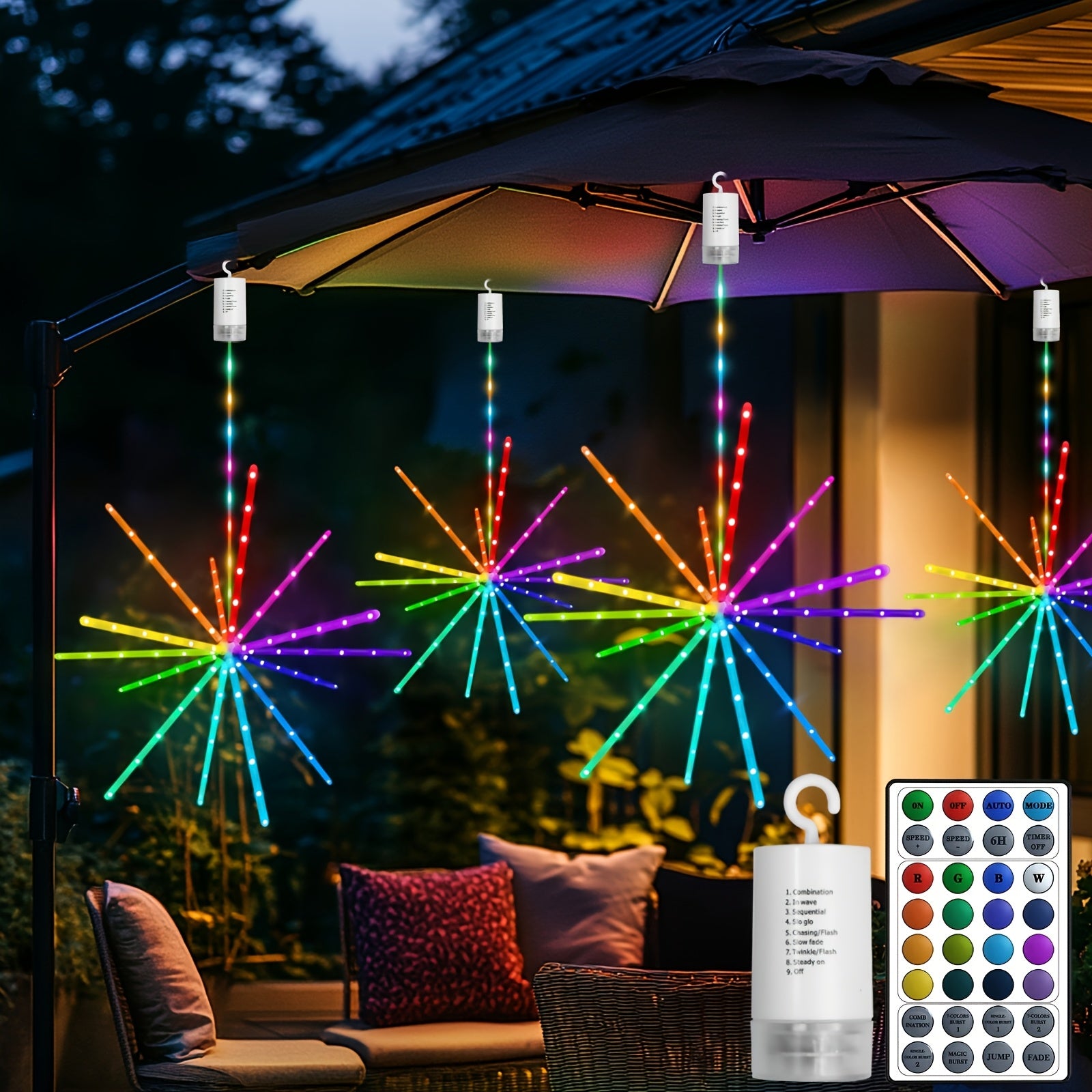 Luces colgantes de estrella explosiva, luces de fuegos artificiales, luces de hadas, luces de estrella explosiva, 114 LED, luces de meteorito, alimentadas por batería con control remoto, 84 modos de iluminación, operación adecuada para habi