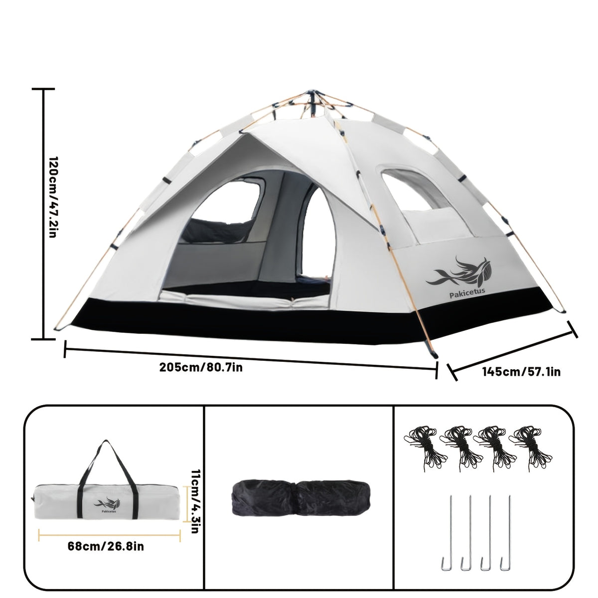 PAKICETUS Tienda de campaña de apertura rápida para exteriores - para 1-2/2-3 personas, para toda estación, mejora de ventilación con doble puerta, tienda de campaña cortavientos ligera gris/amarilla para camping, senderismo, accesorios par