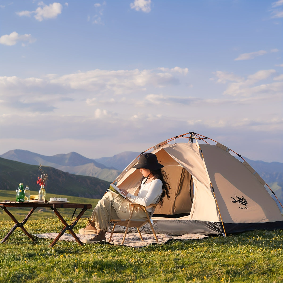 PAKICETUS Tienda de campaña de apertura rápida para exteriores - para 1-2/2-3 personas, para toda estación, mejora de ventilación con doble puerta, tienda de campaña cortavientos ligera gris/amarilla para camping, senderismo, accesorios par