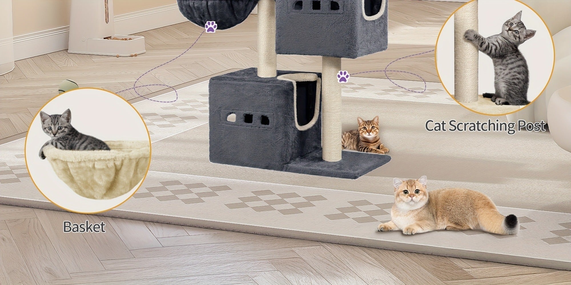 Rascador para gatos Poste 98 cm, Árbol, Antideslizante, Madera