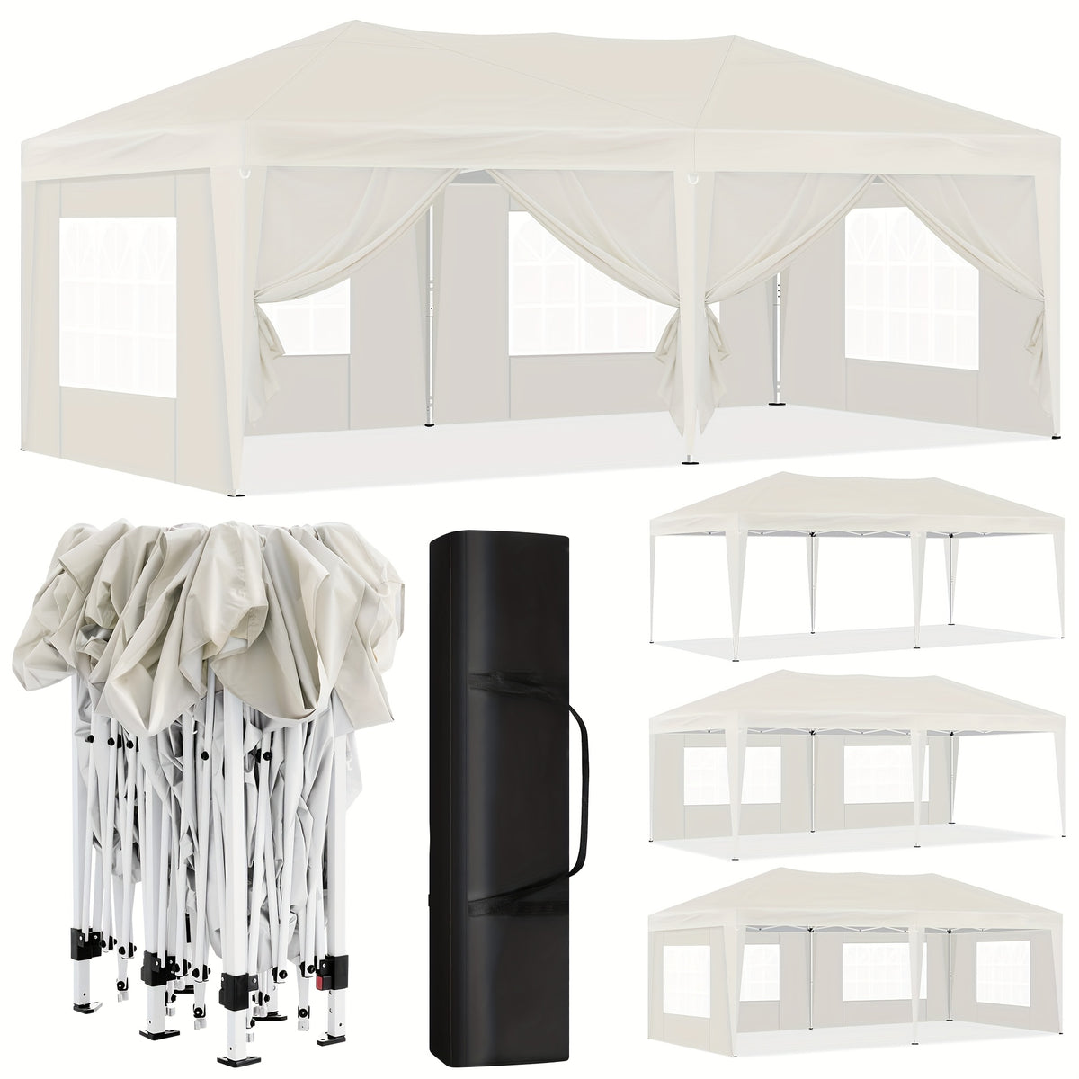 Toldo plegable de exterior de 1 pieza de 3 x 6 metros, toldo para exteriores, carpa de recepción portátil, cenador de metal, refugio, equipado con 6 paredes laterales y 4 ventanas, resistente al viento, protección UV, fácil de instalar, res