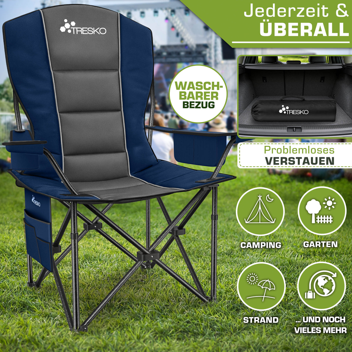 TRESKO® Silla de Camping Plegable hasta 200Kg | Silla Plegable con Bolsa Nevera, Portavasos y Bolsillo Lateral | Silla XXL Plegable Incluye Bolsa de Transporte | Silla de Pesca Acolchada para Exterior, Pesca, Festival y Jardín detail image 