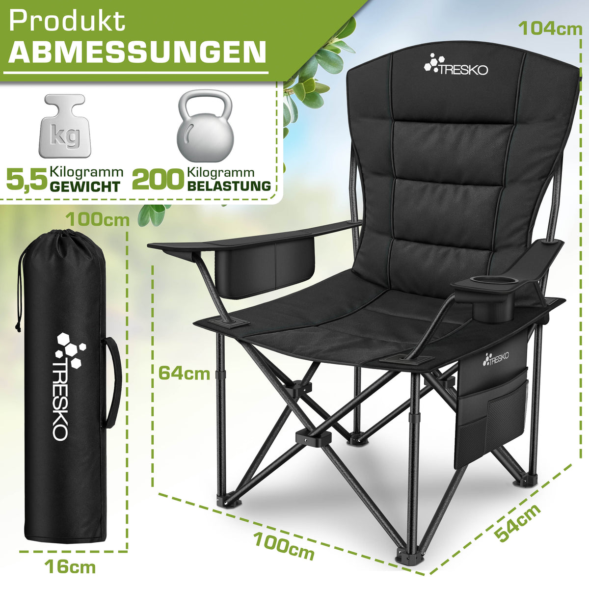 TRESKO® Silla de Camping Plegable hasta 200Kg | Silla Plegable con Bolsa Nevera, Portavasos y Bolsillo Lateral | Silla XXL Plegable Incluye Bolsa de Transporte | Silla de Pesca Acolchada para Exterior, Pesca, Festival y Jardín detail image 