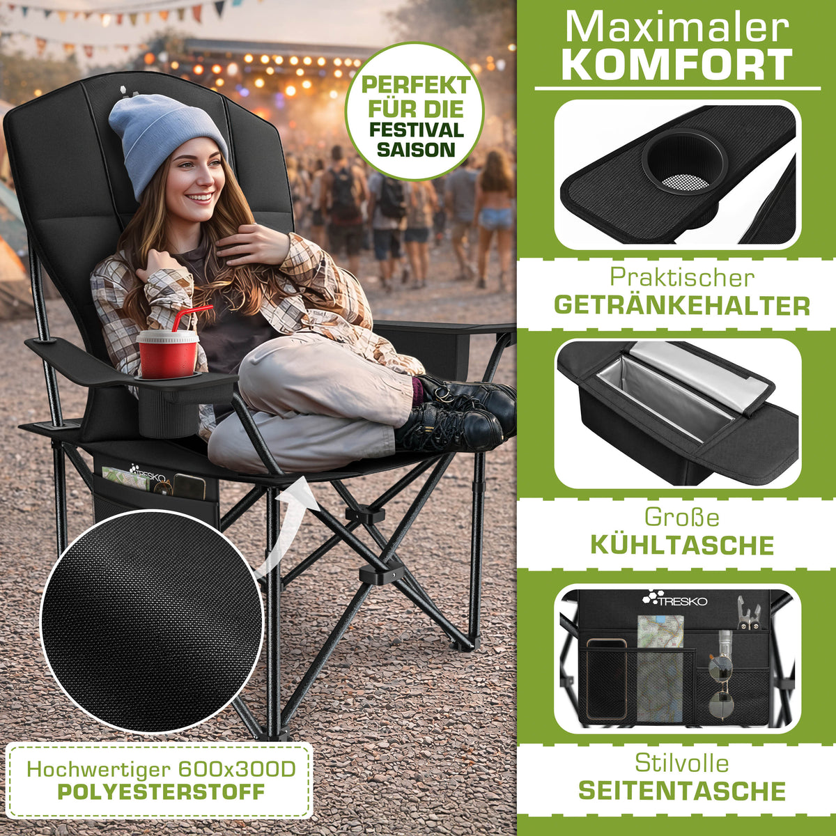 TRESKO® Silla de Camping Plegable hasta 200Kg | Silla Plegable con Bolsa Nevera, Portavasos y Bolsillo Lateral | Silla XXL Plegable Incluye Bolsa de Transporte | Silla de Pesca Acolchada para Exterior, Pesca, Festival y Jardín detail image 