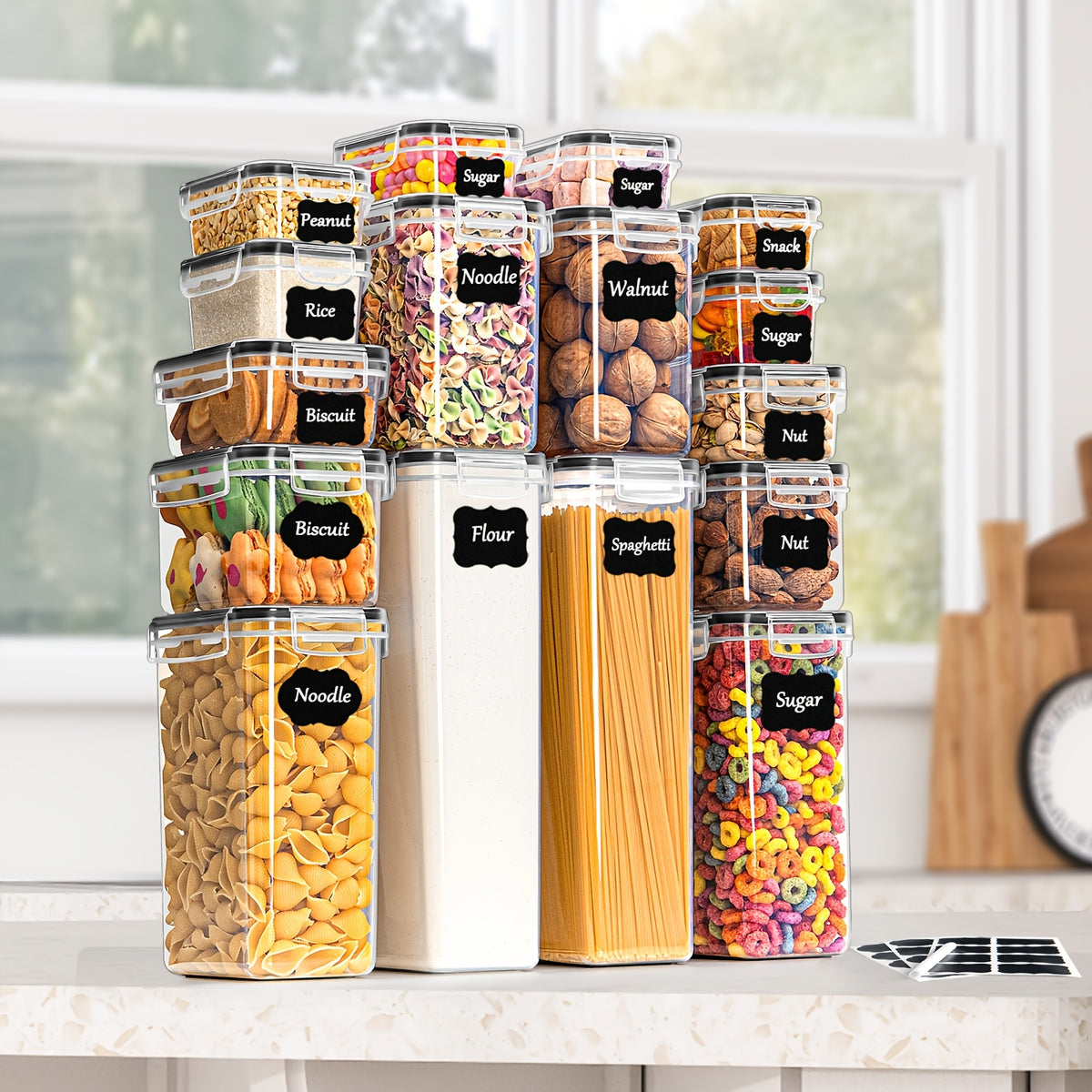 ¡Un imprescindible para la cocina familiar! Juego de 16 frascos de almacenamiento de cocina, tarro de plástico sellado para alimentos con tapa, complementos de cocina para guardar granos, pasta, harina, comida para mascotas, con etiquetas y